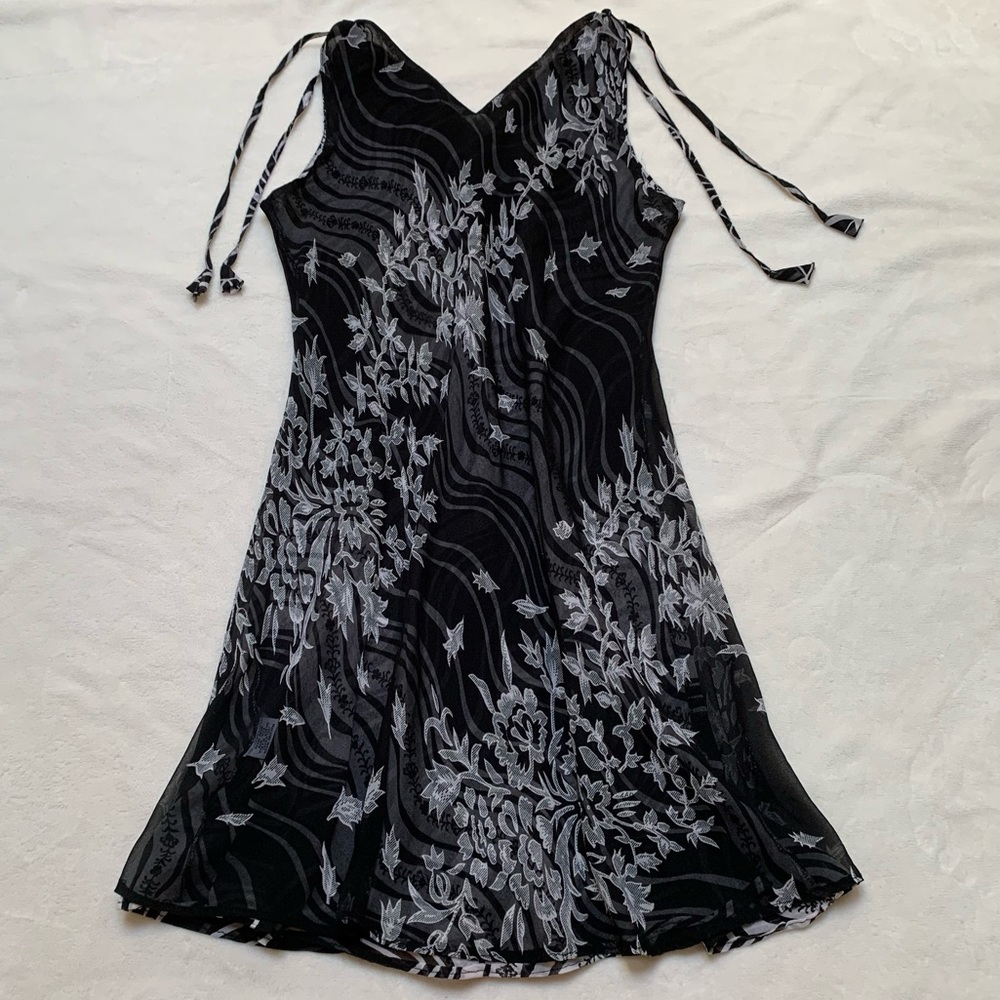 Vintage Reversible Black & White Striped/Floral Chiffon Bias Cut Midi Dress